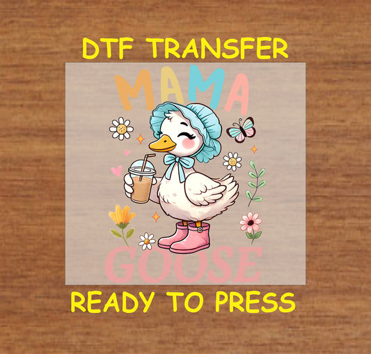 Mama Goose DTF transfer with duck in bonnet and boots holding iced coffee among flowers