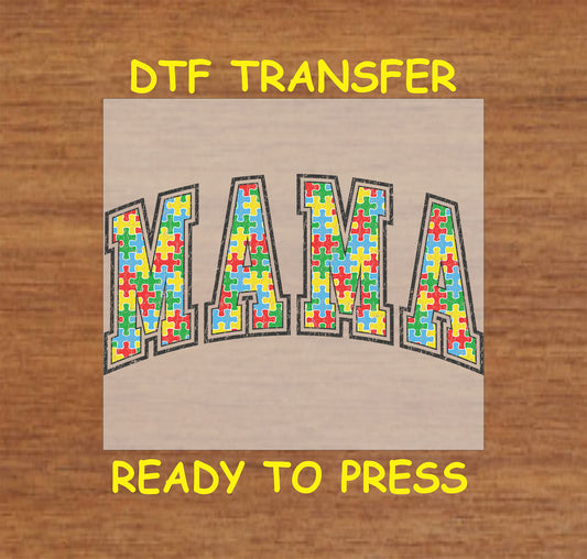 Distressed MAMA text filled with colorful autism puzzle pieces