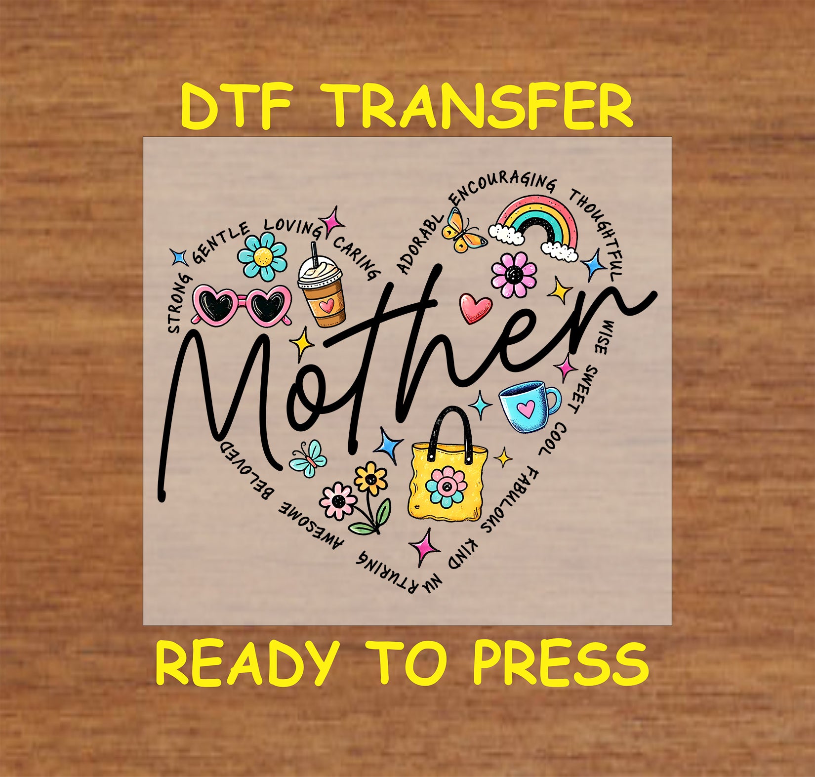 Mother in script with heart of colorful icons and uplifting words
