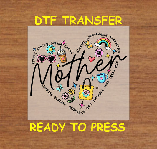 Mother in script with heart of colorful icons and uplifting words