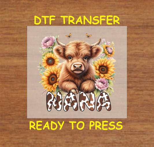 Highland cow with sunflowers and cow print Nana text