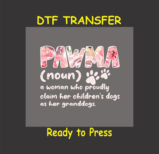 Pawma DTF transfer with floral letters and paw print definition text