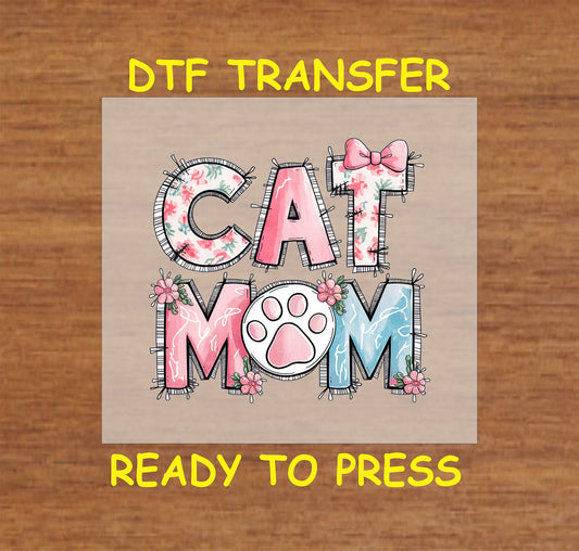 Floral Cat Mom DTF transfer with pink bow, flowers, and paw print accents