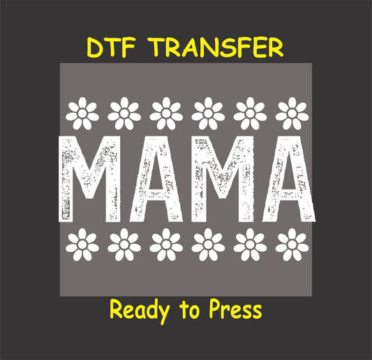 White distressed Mama DTF transfer with retro daisy border