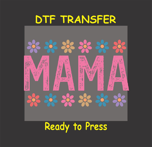 Pink distressed Mama DTF transfer with colorful daisy border