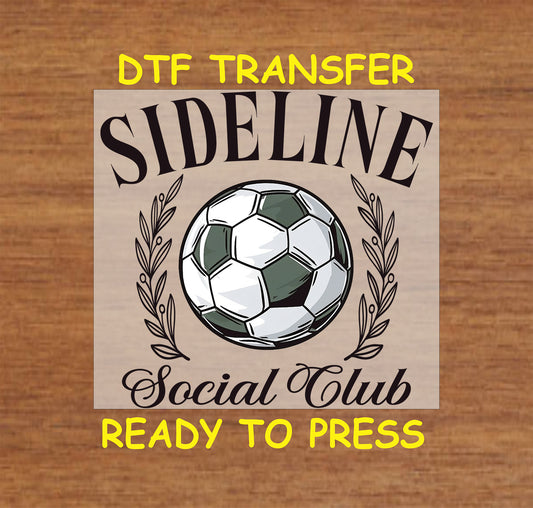 Soccer ball DTF transfer with Sideline Social Club text and laurel leaves