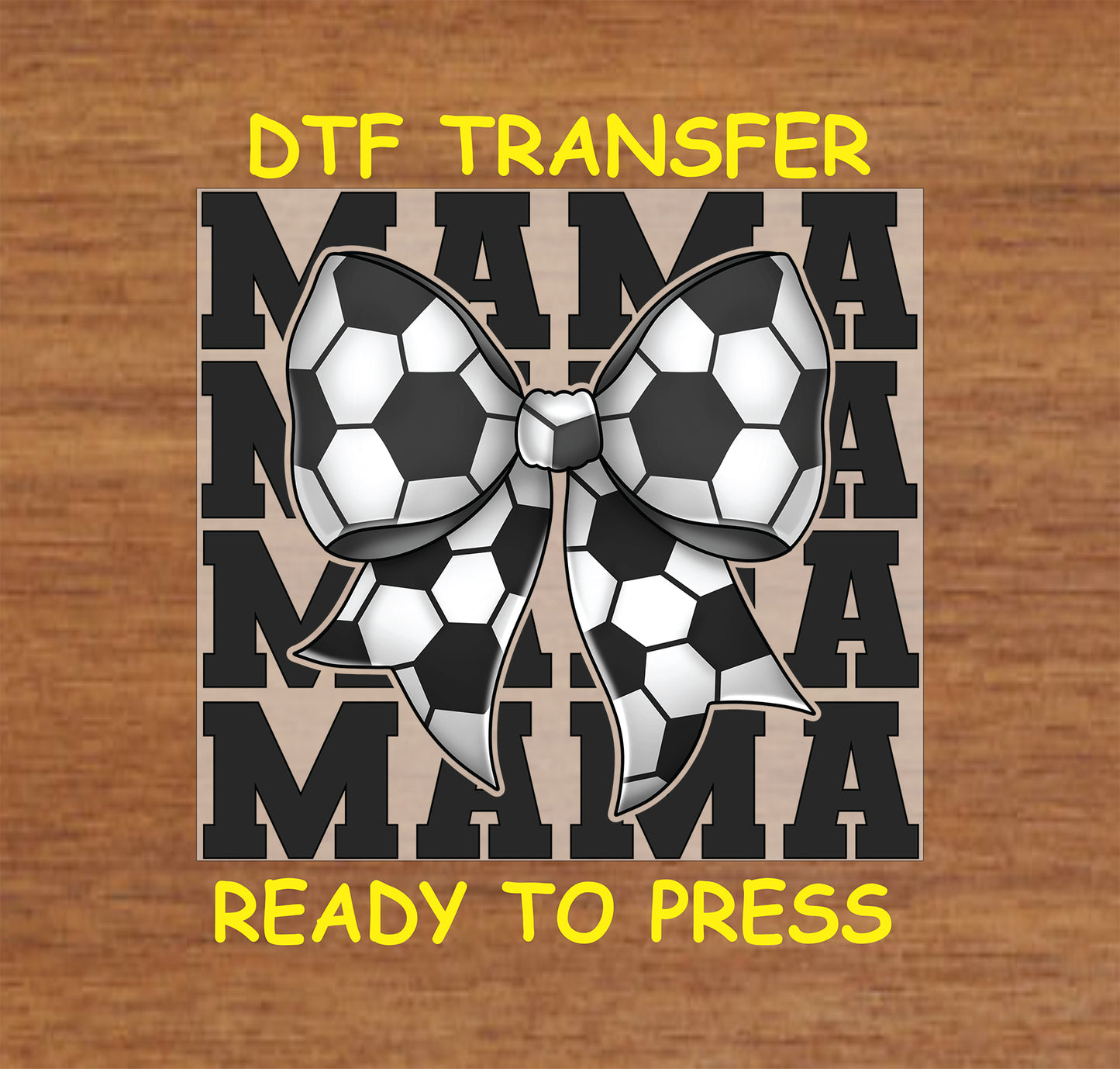 Soccer-themed DTF transfer with bow and repeating MAMA text