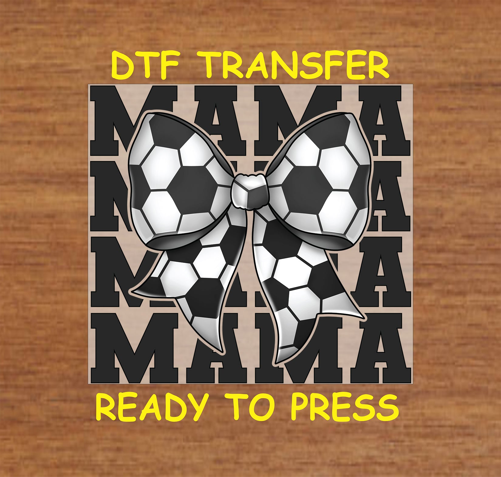 Soccer-themed DTF transfer with bow and repeating MAMA text