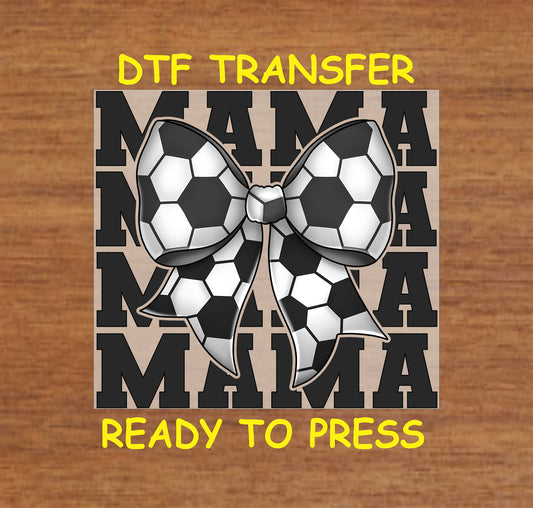 Soccer-themed DTF transfer with bow and repeating MAMA text