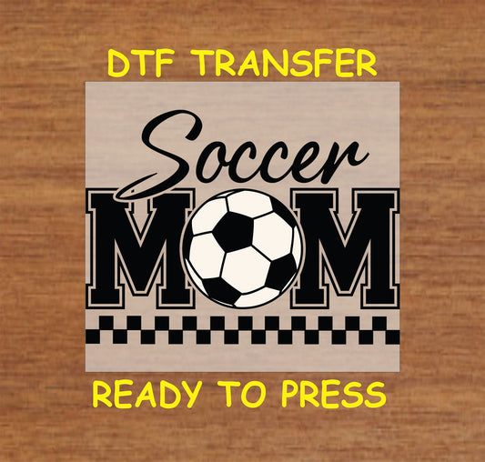 Black and white soccer mom DTF transfer with checker border and soccer ball.
