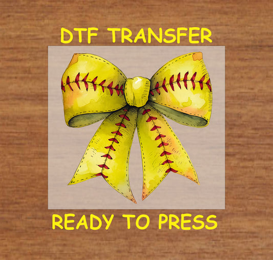 Yellow bow with red softball stitching DTF transfer.