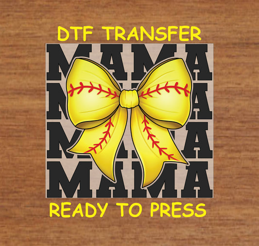 Yellow softball stitch bow over MAMA text DTF transfer.