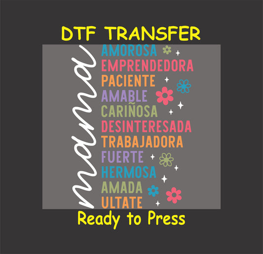 Spanish mama word art DTF transfer with colorful traits and floral accents