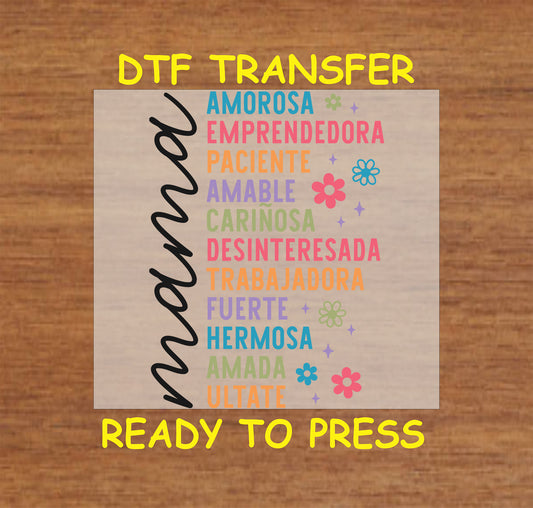 Spanish mama traits DTF transfer with colorful text on neutral background.