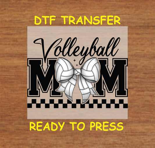 Volleyball Mom DTF transfer with bow and checkerboard pattern.