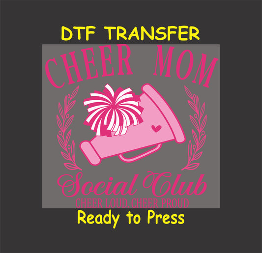 Cheer Mom DTF transfer with pink pom-poms, megaphone, and “Cheer Loud Cheer Proud” text.