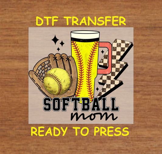 Softball Mom DTF transfer with glove, yellow softball, tall drink, and lightning bolt graphic.