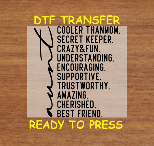 Aunt DTF transfer with vertical script and descriptive text like supportive, cherished, best friend.