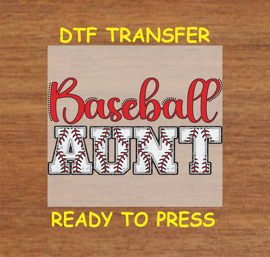 Baseball Aunt DTF transfer with red script text and baseball-stitched varsity letters.