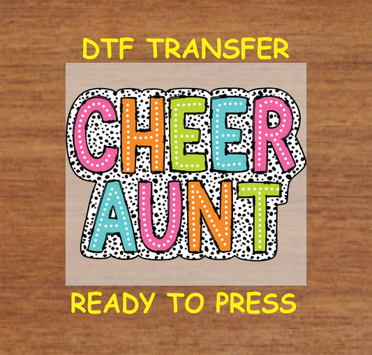 Cheer Aunt DTF transfer with colorful block letters and polka dot background