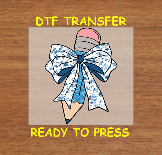 Pencil with blue floral bow DTF transfer.