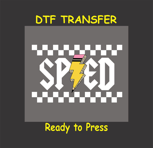 “Sped” DTF transfer with yellow pencil lightning bolt and checkered border.