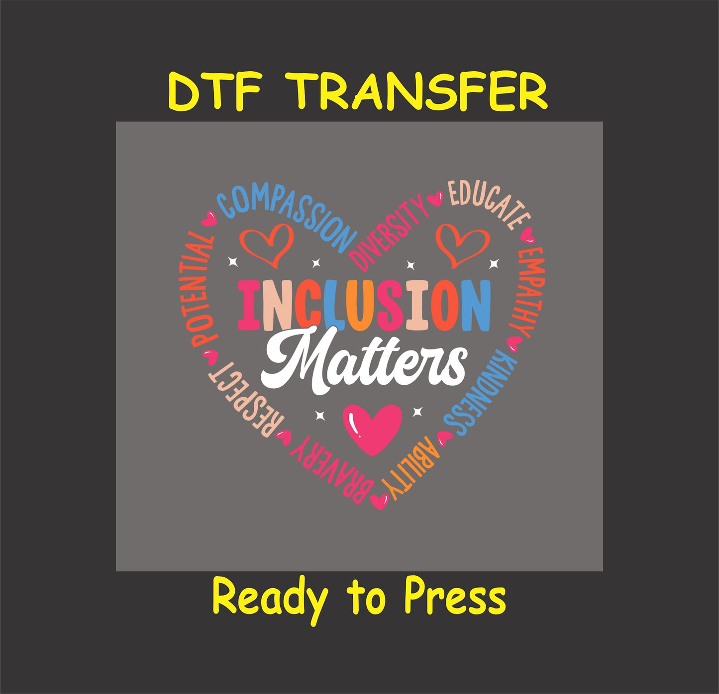 Heart-shaped inclusion message with words like kindness, empathy, and diversity.