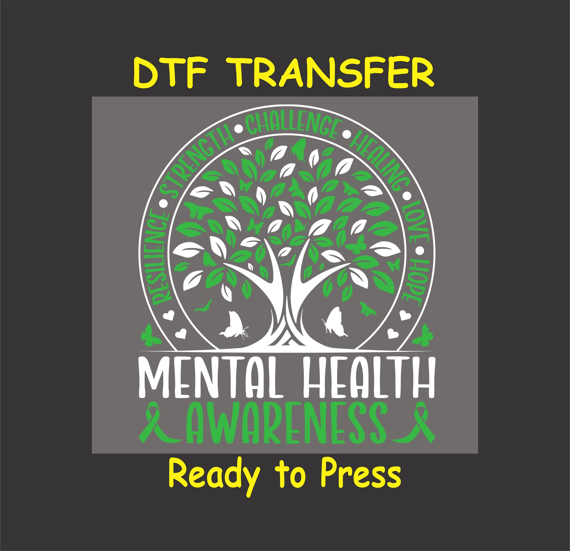 DTF transfer with tree of life, butterflies, and green Mental Health Awareness ribbon.