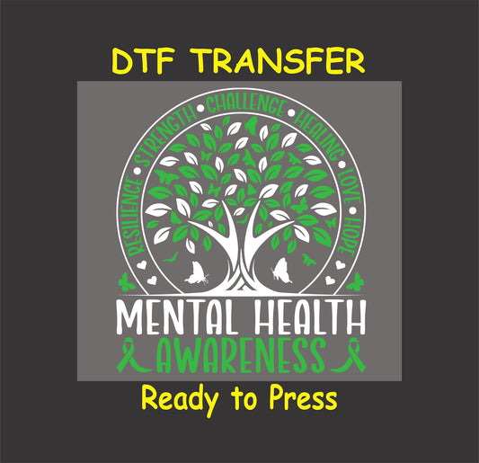 DTF transfer with tree of life, butterflies, and green Mental Health Awareness ribbon.