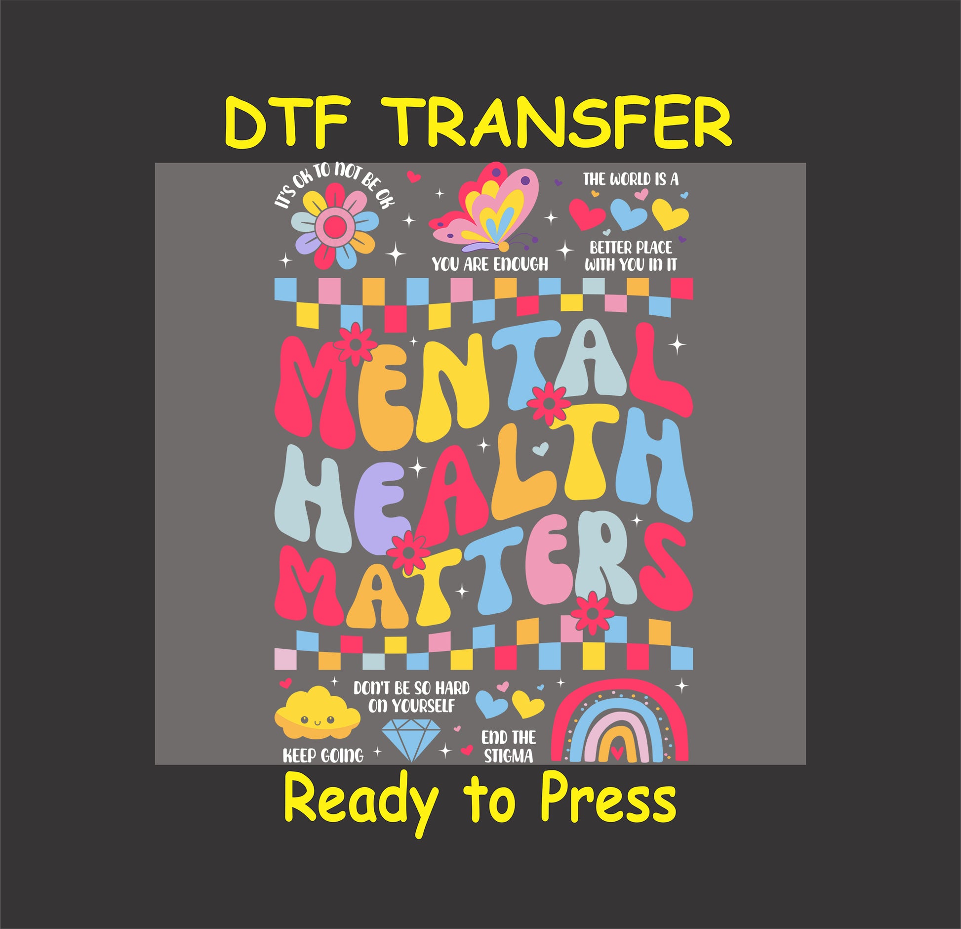 Retro colorful text saying “Mental Health Matters” with affirmations, rainbow, hearts, and stars.