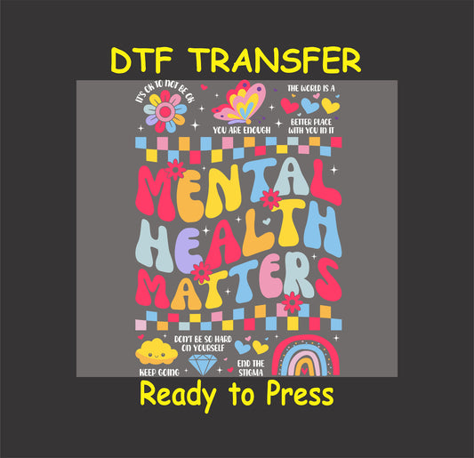 Retro colorful text saying “Mental Health Matters” with affirmations, rainbow, hearts, and stars.