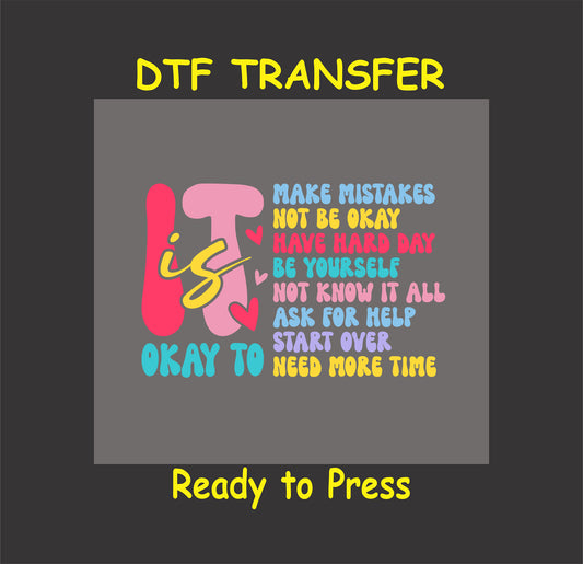 Colorful text reading “It’s Okay To...” followed by affirmations like make mistakes, not be okay, ask for help.