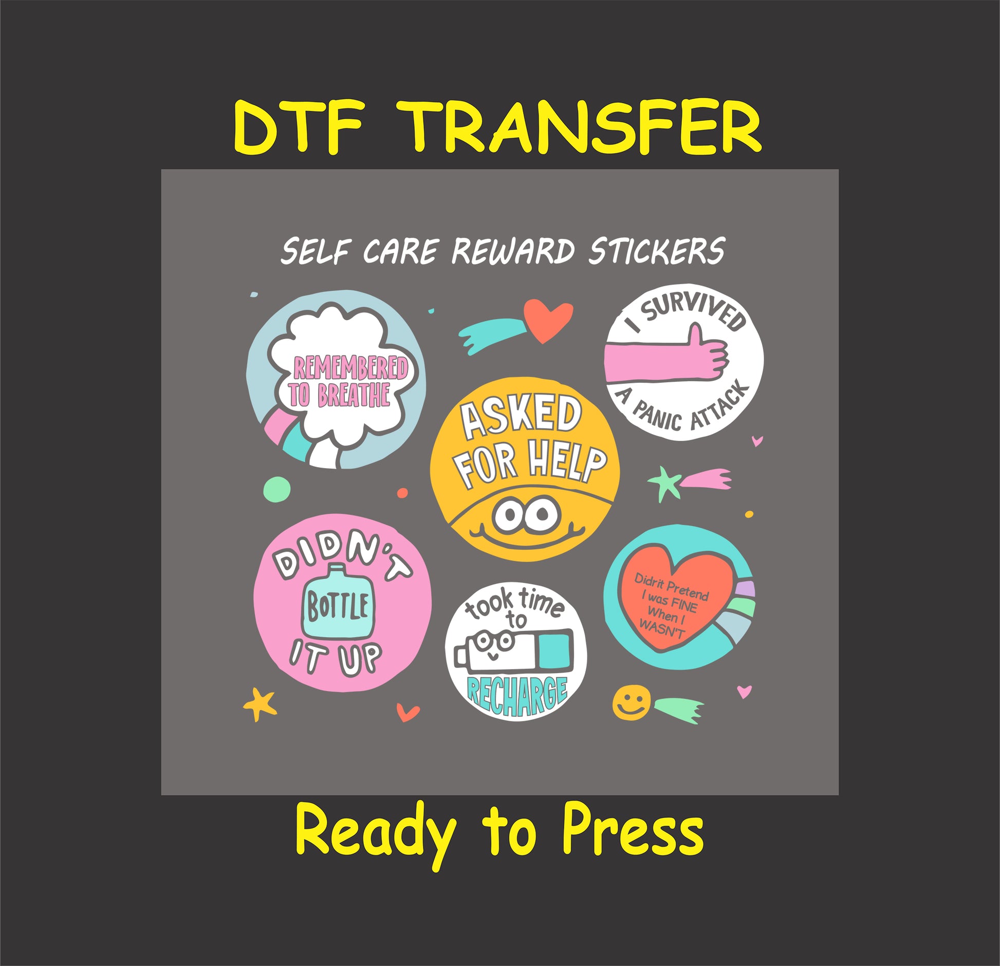 Self care reward sticker-style graphics with mental health affirmations like “Asked for Help” and “Took Time to Recharge.”