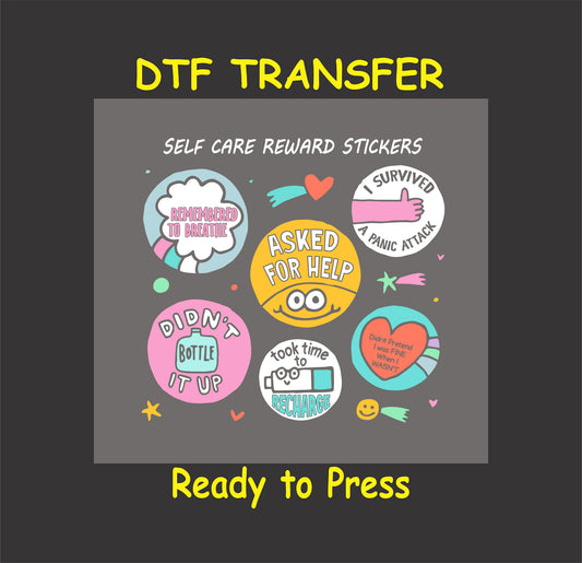 Self care reward sticker-style graphics with mental health affirmations like “Asked for Help” and “Took Time to Recharge.”