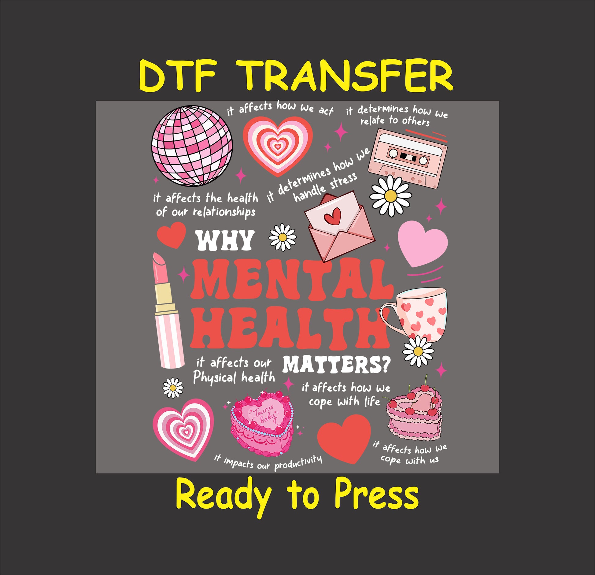 Retro pink graphic with “Why Mental Health Matters” surrounded by icons like hearts, daisies, tape, and quotes.