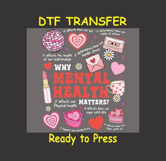 Retro pink graphic with “Why Mental Health Matters” surrounded by icons like hearts, daisies, tape, and quotes.