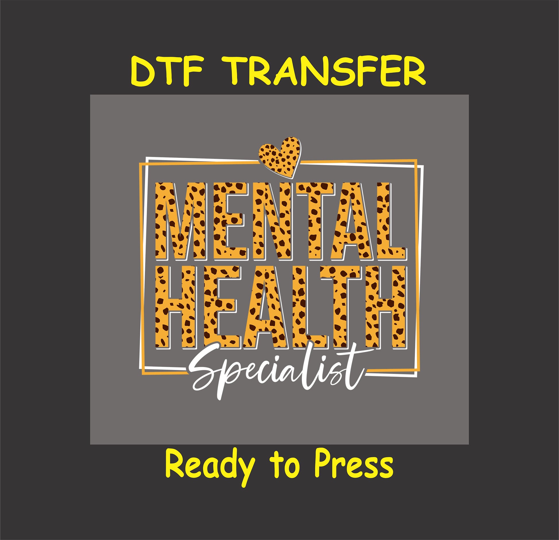 Leopard print “Mental Health Specialist” text with heart and white script on gray background.