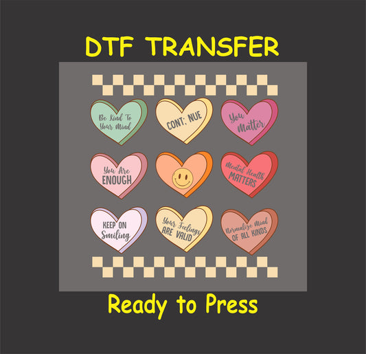 Grid of pastel candy hearts with positive affirmations like “You Matter,” “Keep on Smiling,” and “Normalize Minds of All Kinds”