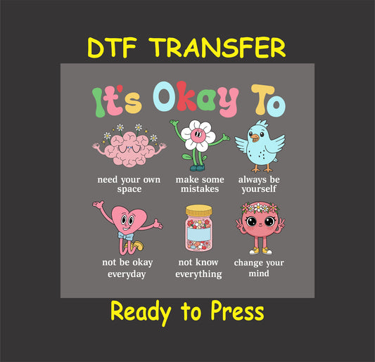 Cartoon characters with affirmations like “It’s Okay To need space, make mistakes, not be okay” in fun font.