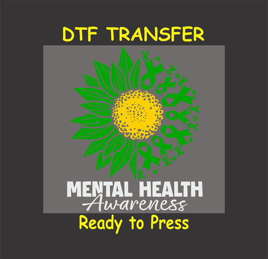 Sunflower graphic made of green mental health awareness ribbons with “Mental Health Awareness” text.