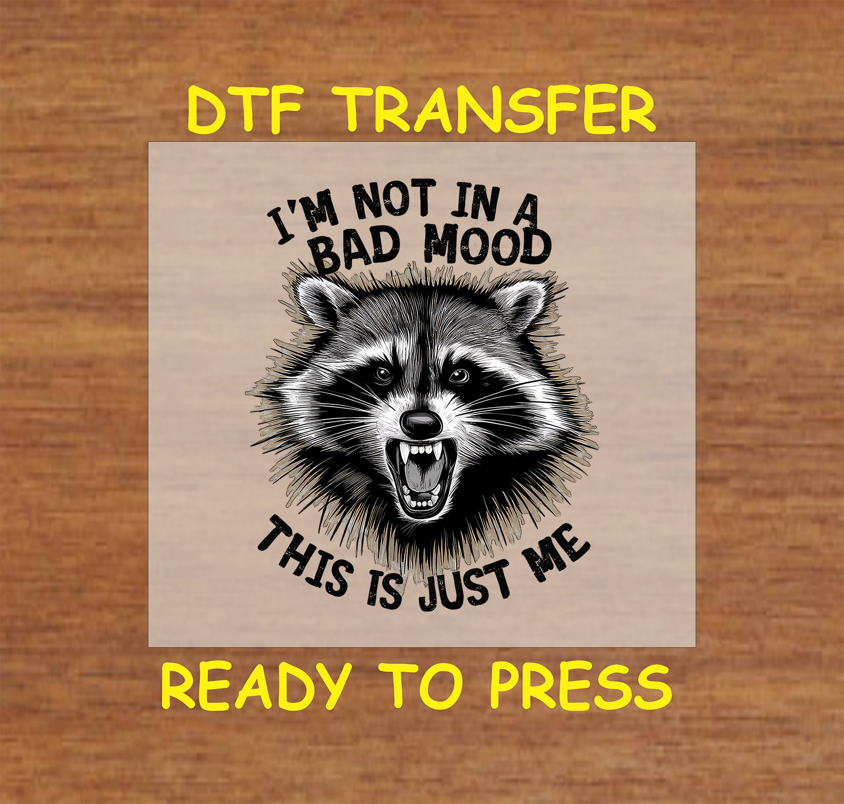 DTF transfer with aggressive raccoon face and funny quote about mood and personality.