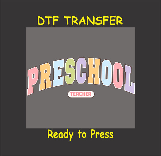 Pastel block letters spelling “Preschool” with a small badge reading “Teacher” underneath.