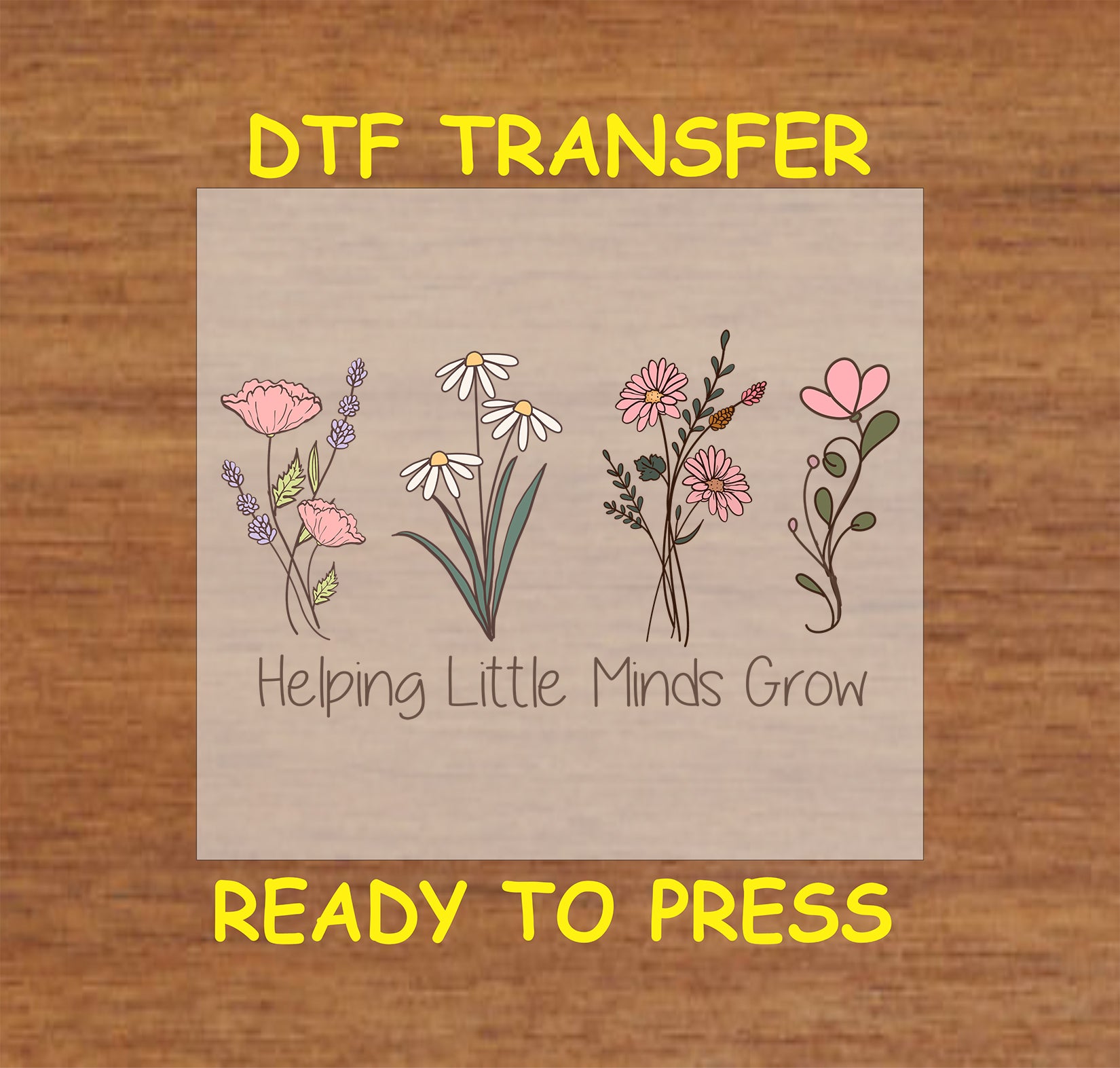 Hand-drawn wildflowers with the phrase “Helping Little Minds Grow” in script font.