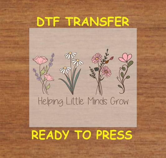 Hand-drawn wildflowers with the phrase “Helping Little Minds Grow” in script font.