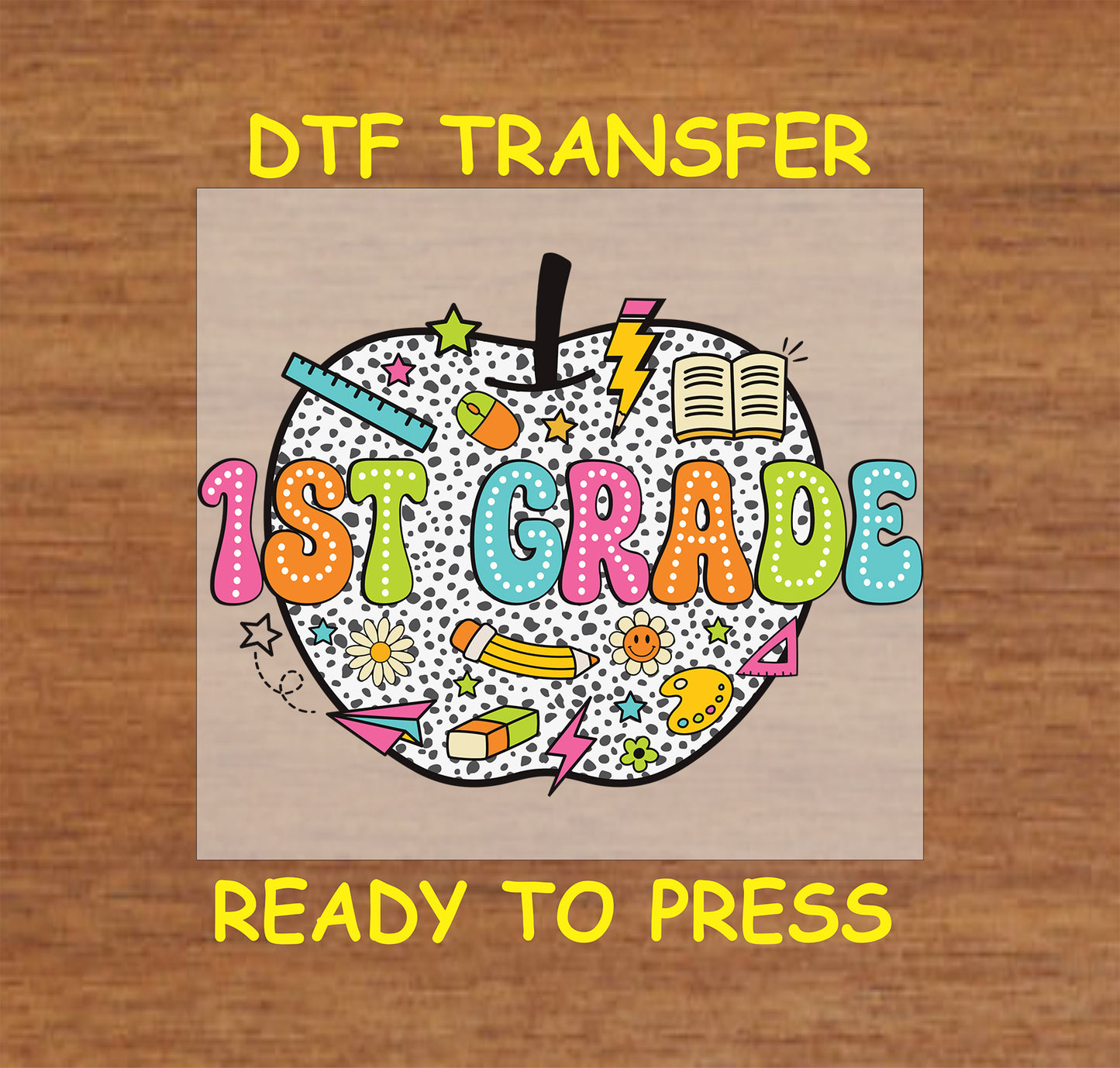 Polka dot apple with colorful “1st Grade” text and school doodles like pencils and books.