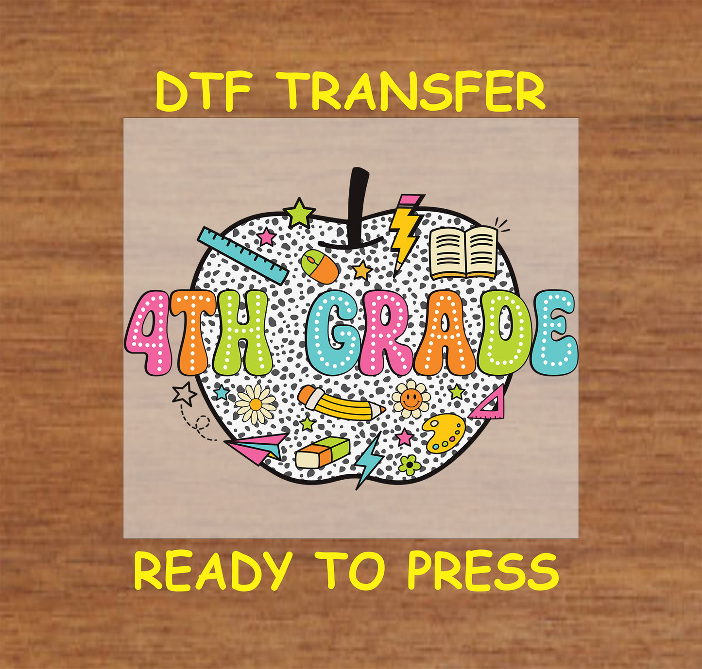 Polka dot apple filled with colorful school doodles and “4th Grade” in bold letters.