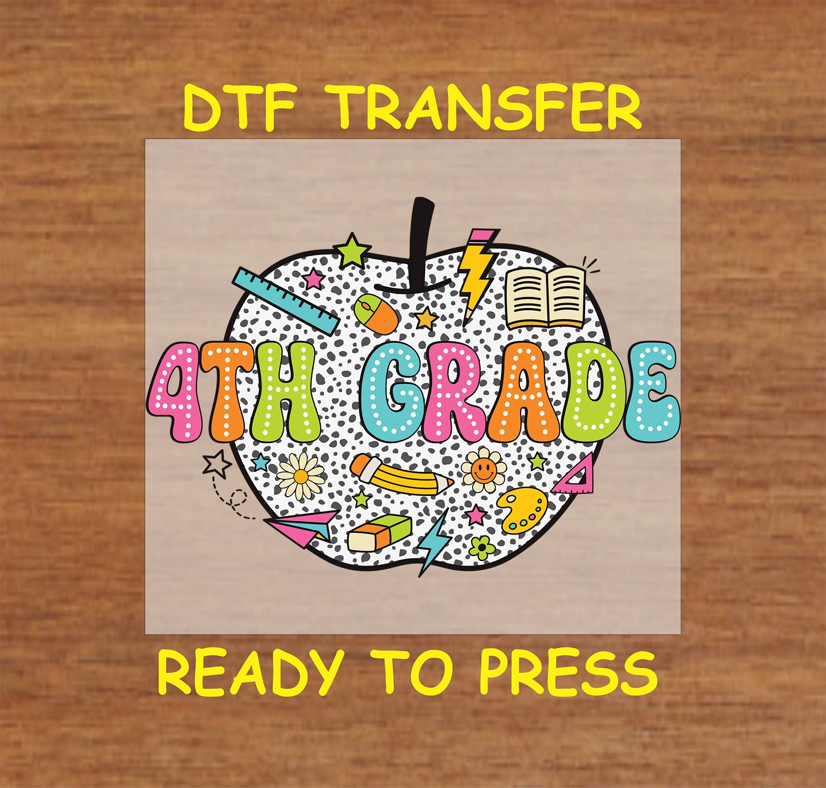 Polka dot apple filled with colorful school doodles and “4th Grade” in bold letters.