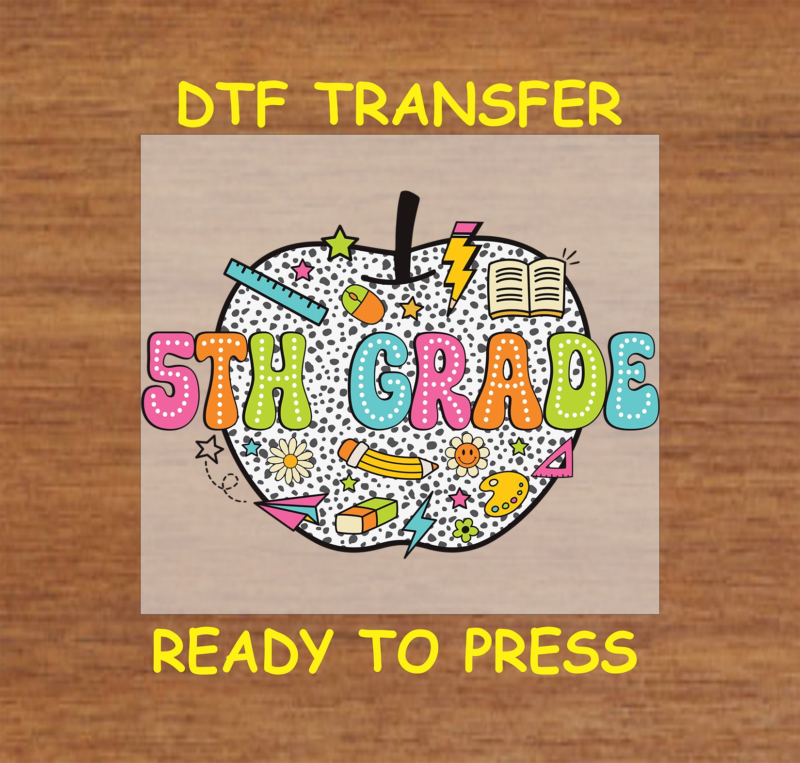 Polka dot apple with school doodles and bold “5th Grade” text in colorful letters.