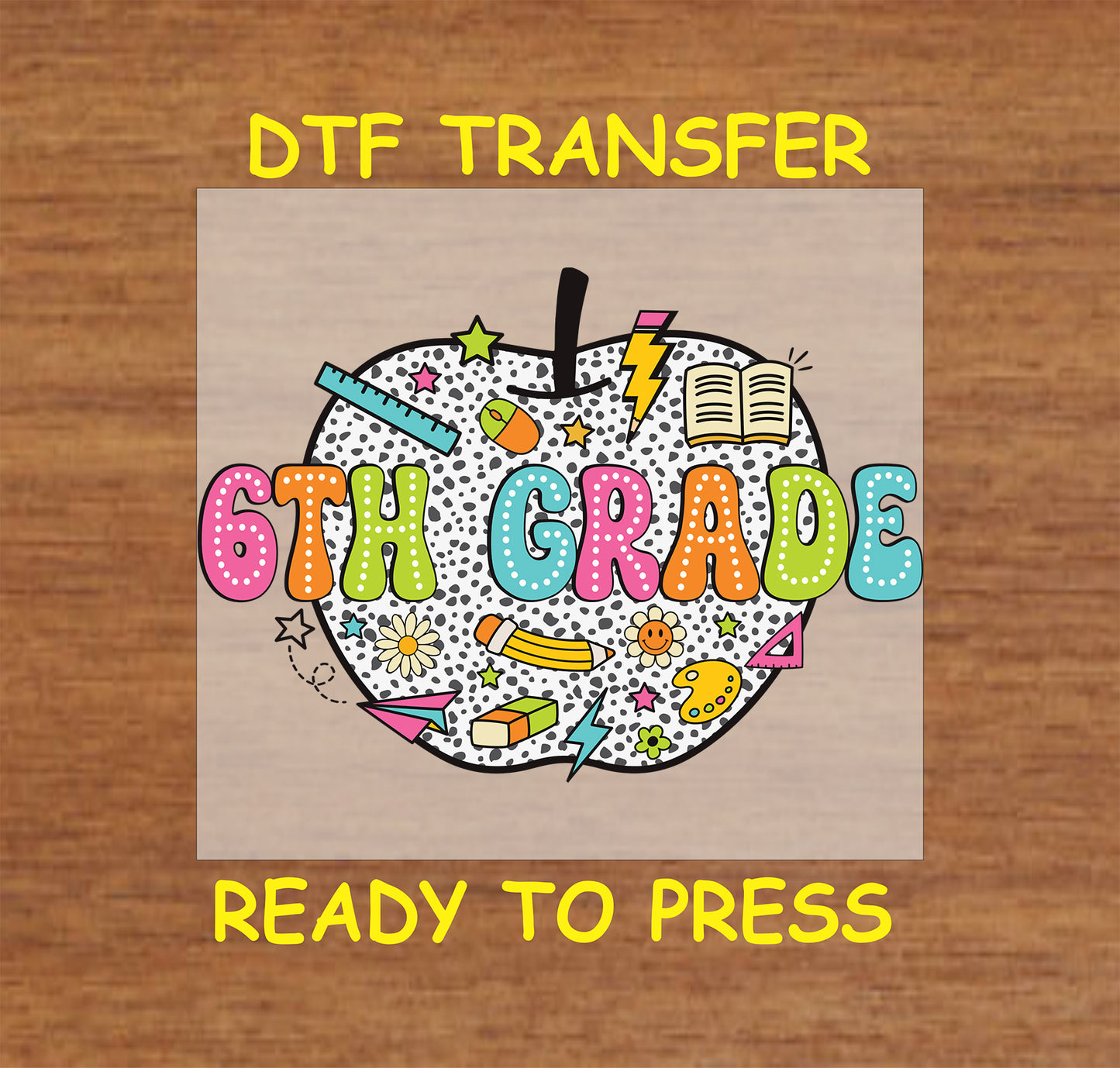Polka dot apple with colorful school doodles and “6th Grade” text in playful colors.
