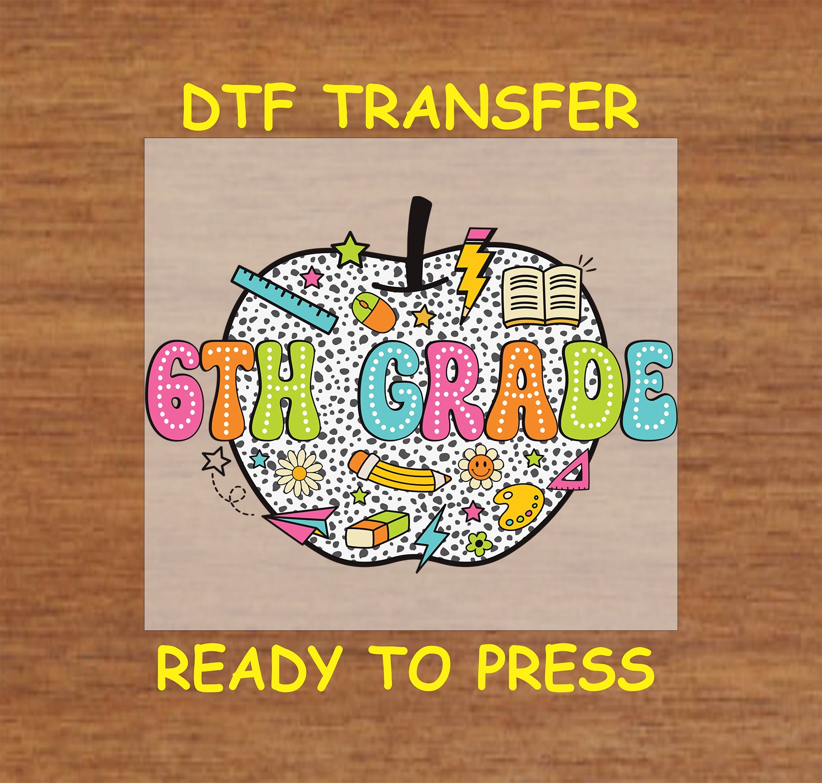 Polka dot apple with colorful school doodles and “6th Grade” text in playful colors.